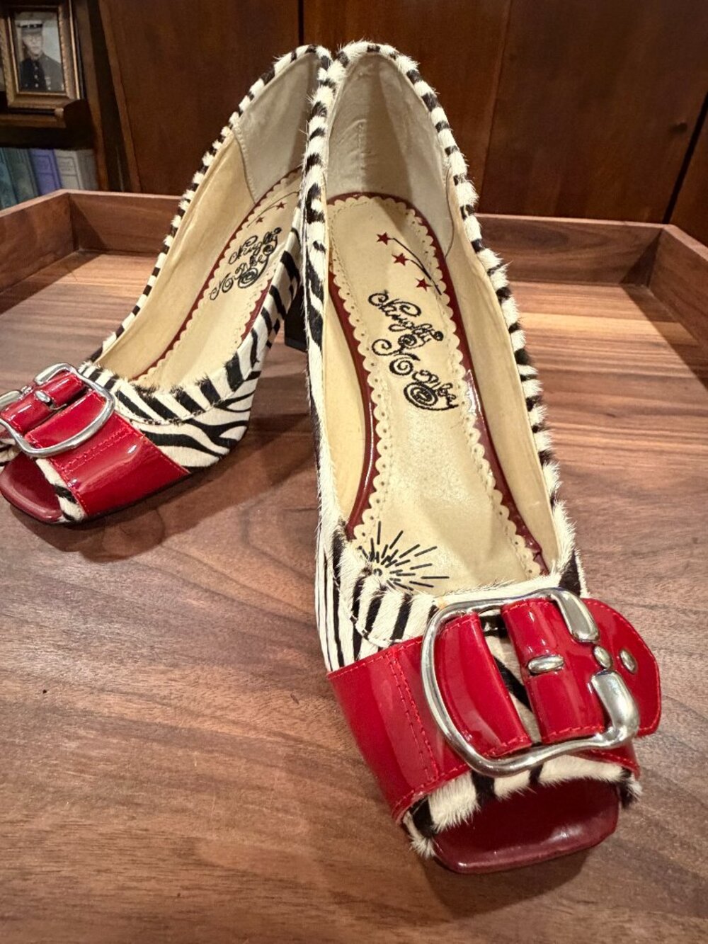 Naughty Monkey Zebra & Red Patent Leather Heels, Size 9.5